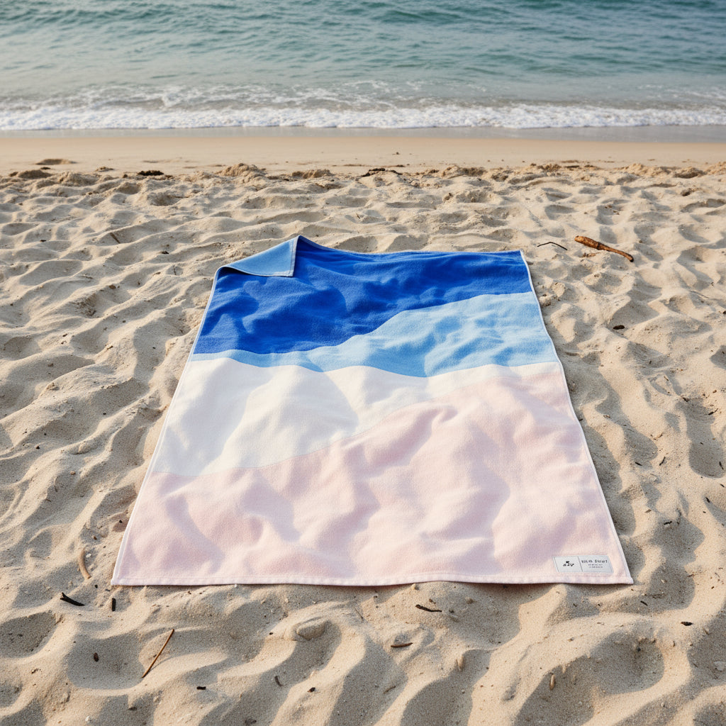 Color-blocked towel with blue, pink, and white design on a white background