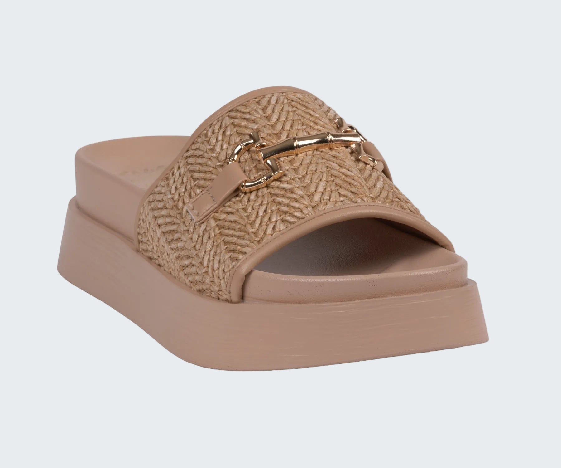 Beige sandal with woven strap and gold buckle on a white background