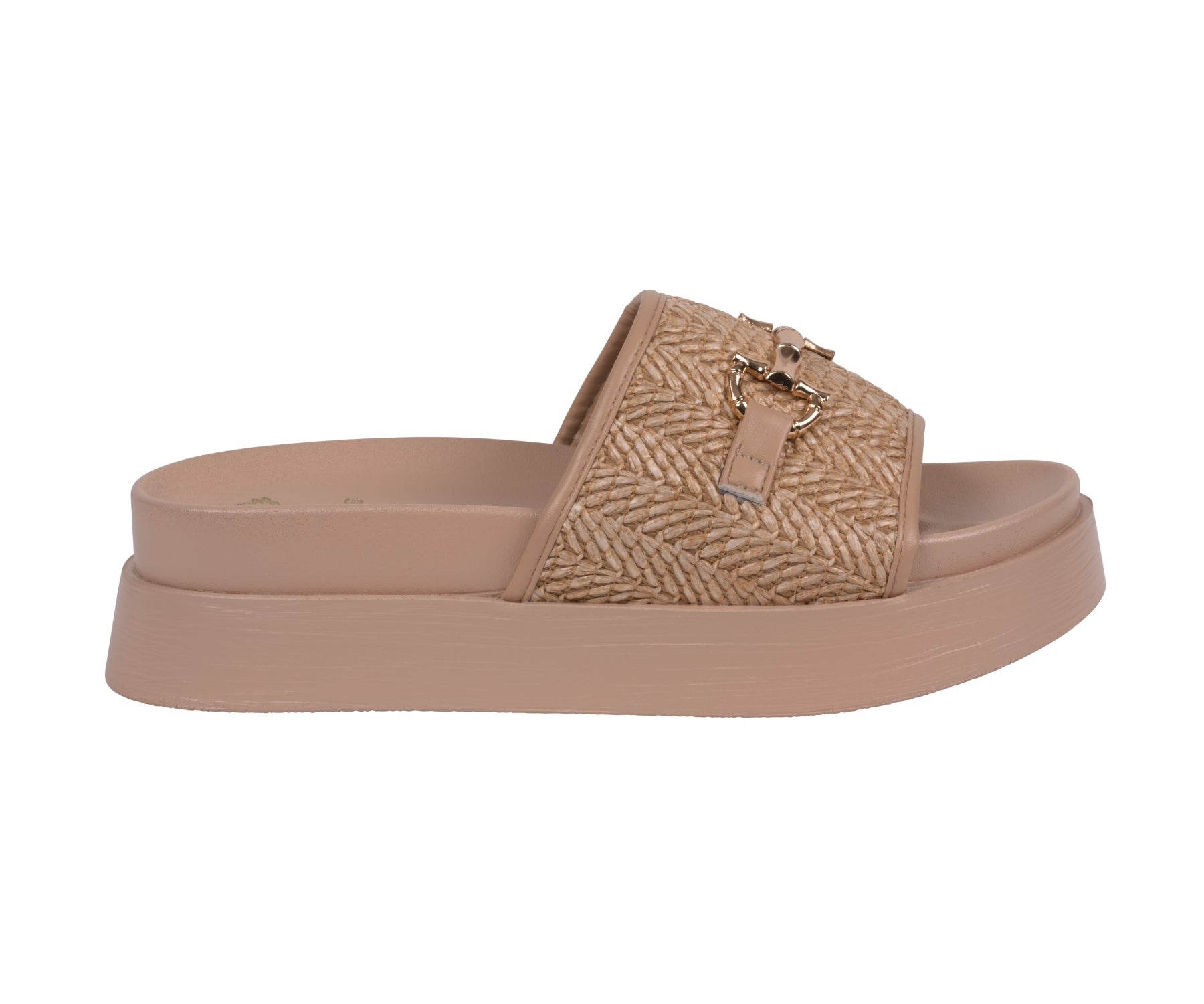 Beige sandal with woven strap on a white background