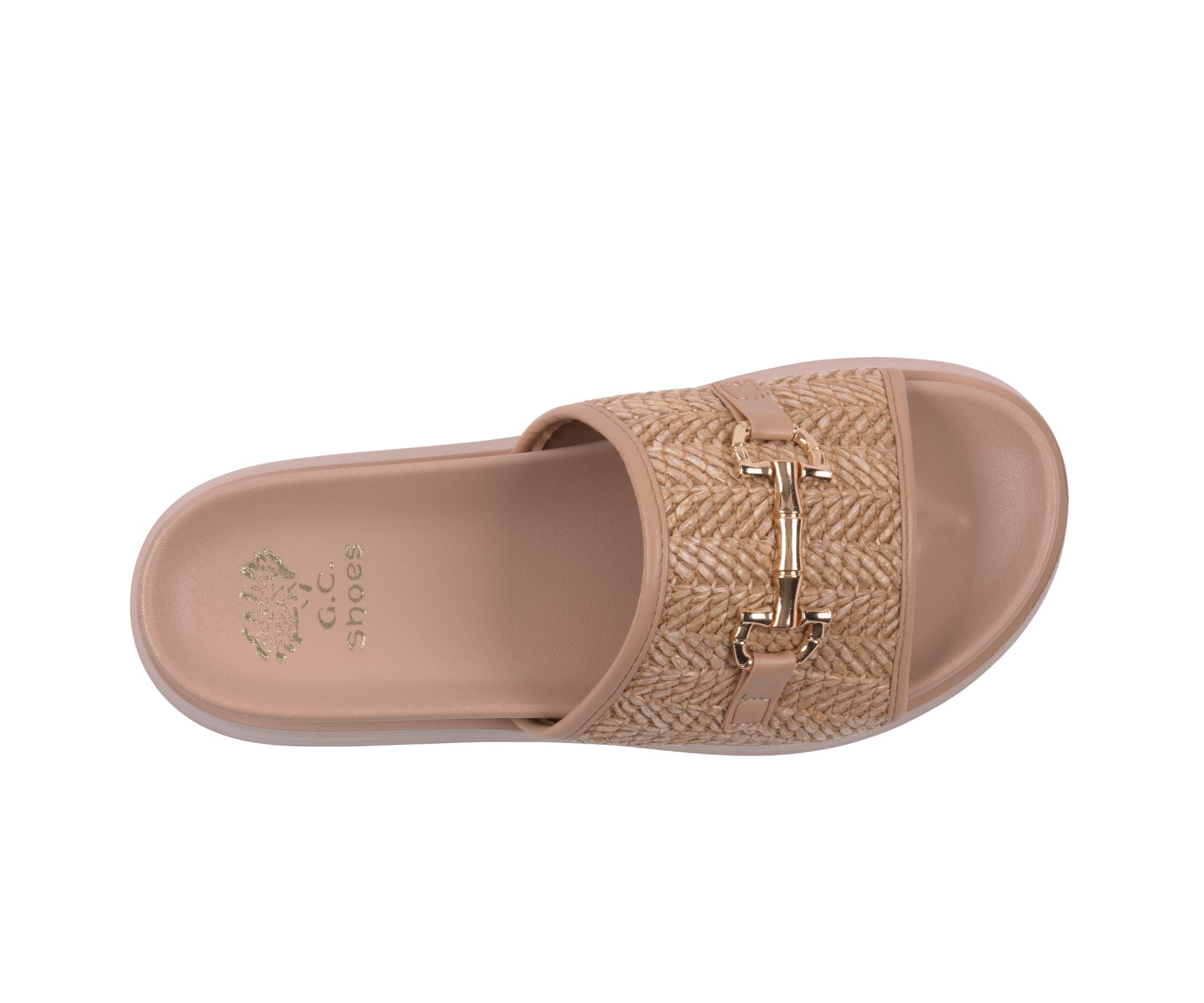 Beige slide sandal with a gold buckle on a white background