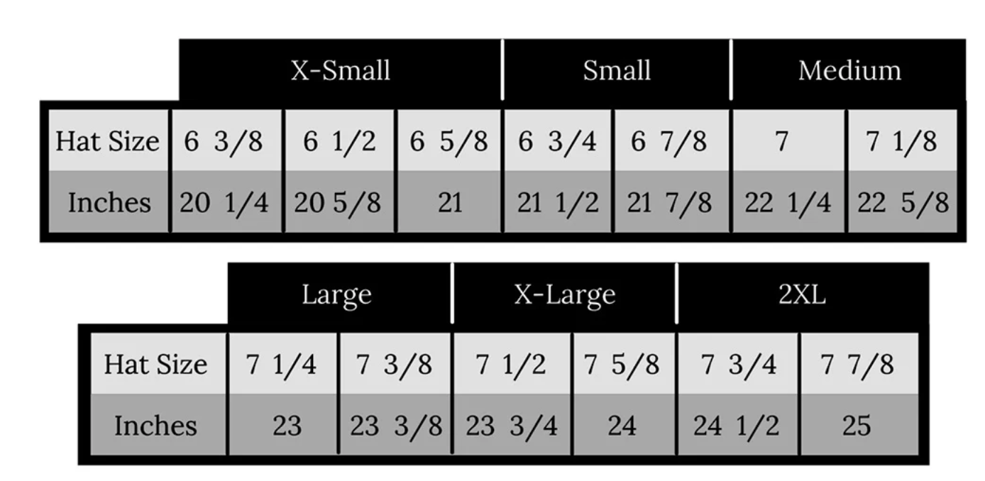 Hat size chart showing measurements in both centimeters and inches for X-Small to 2XL sizes.