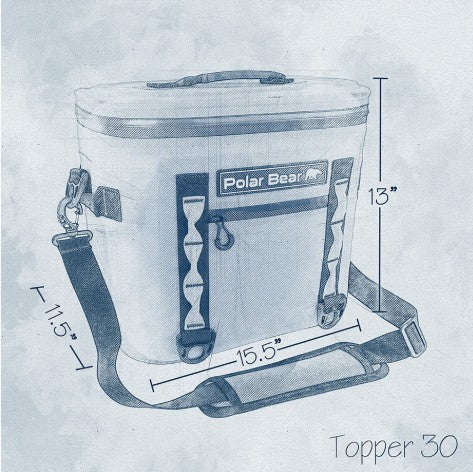 Measurement chart of a Polar Bear cooler bag with dimensions on a light blue background