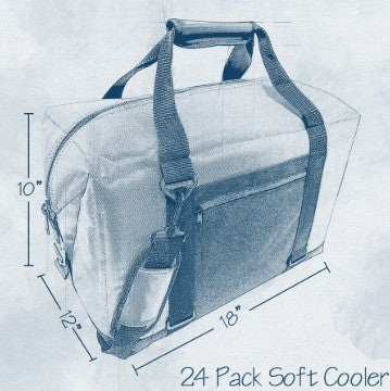 24-pack soft cooler bag with dimensions on a light gray background