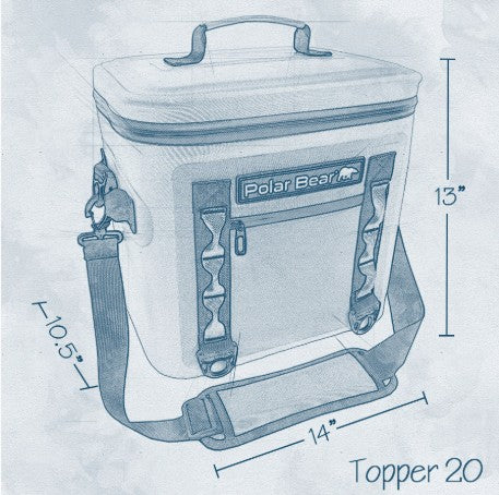 Cooler bag with 'Polar Bear' branding and measurements on a light gray background
