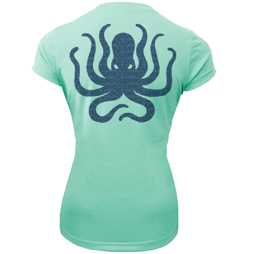 Mint green t-shirt with a navy blue octopus design on the back against a white background