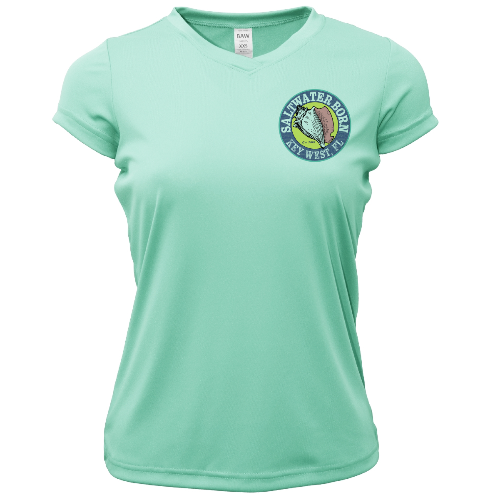 Mint green t-shirt with a logo on the chest against a white background