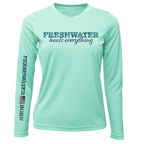 Mint green long-sleeve shirt with text on a white background