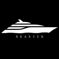 Logo of Seasick with a stylized boat design on a black background
