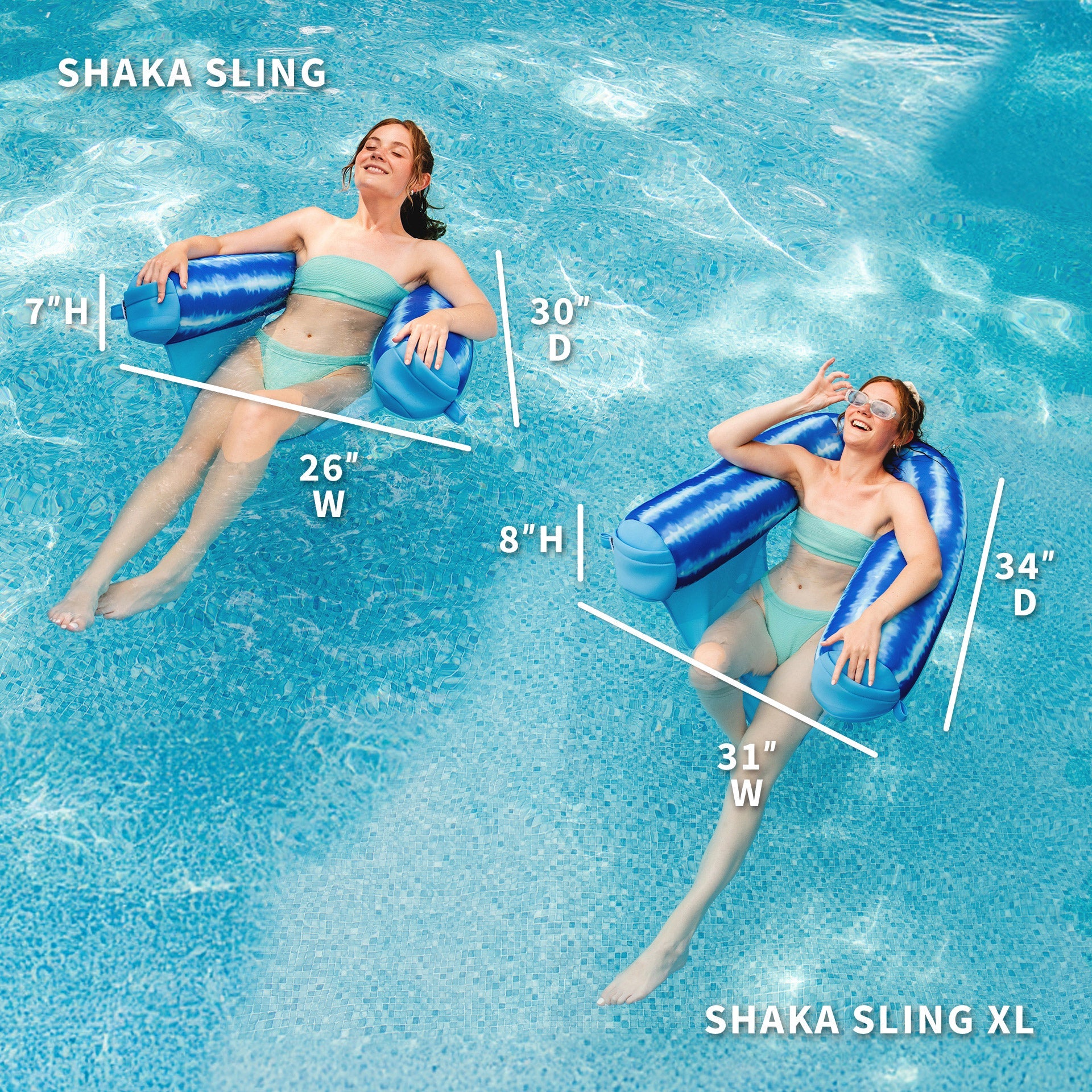 Two women using Shaka Sling XL floaties in a pool with measurements displayed.