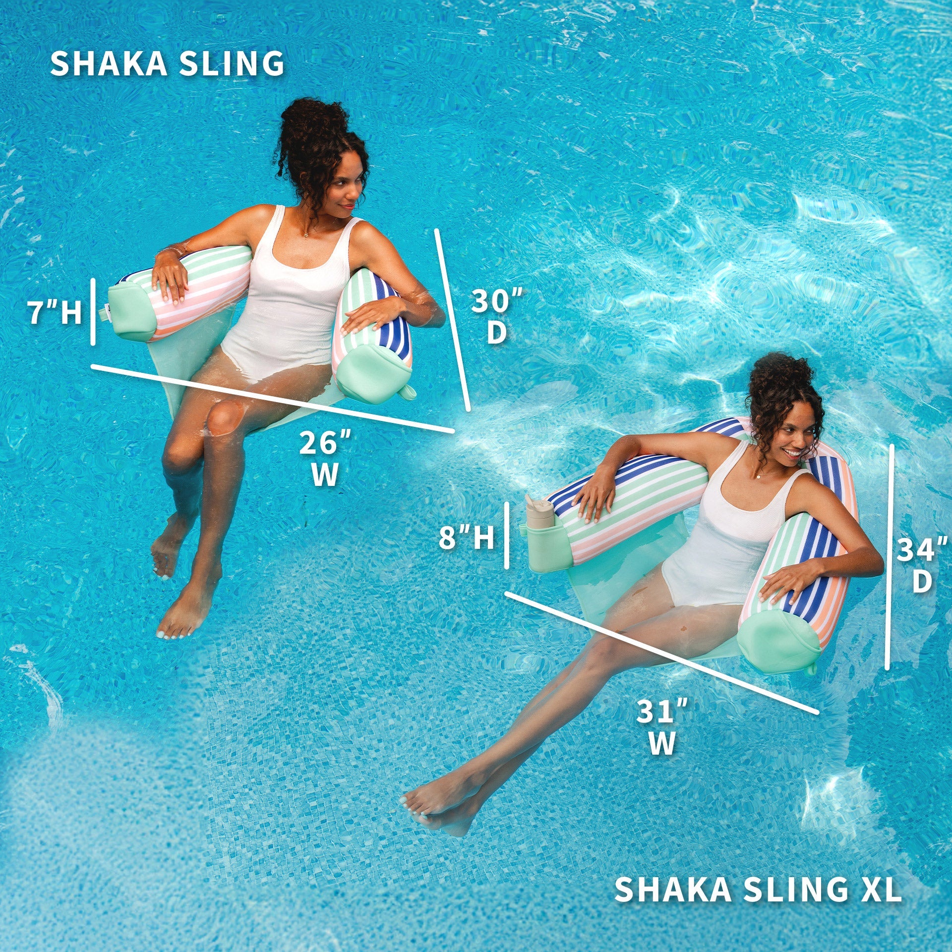 Two women using a Shaka Sling XL in a pool with measurements displayed.