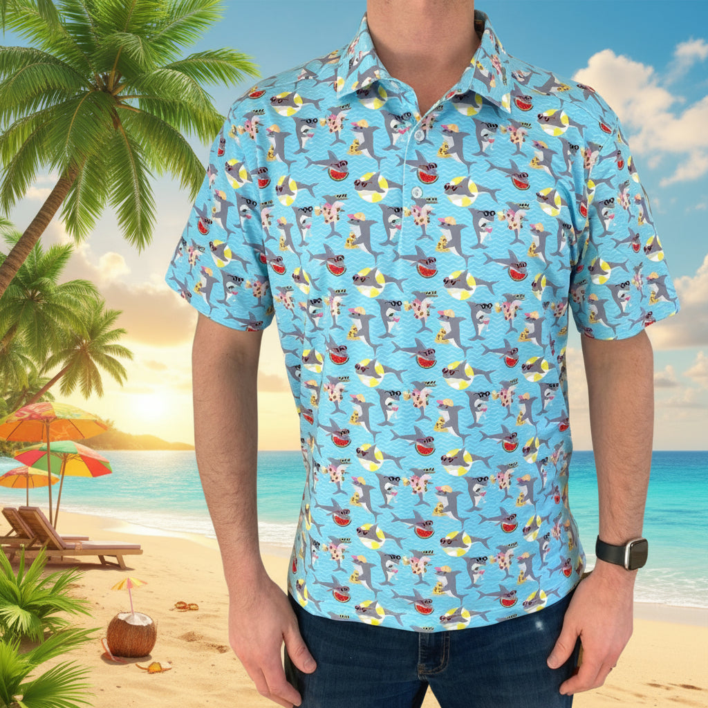 Man wearing a blue shirt with shark print, close-up of pattern shown.