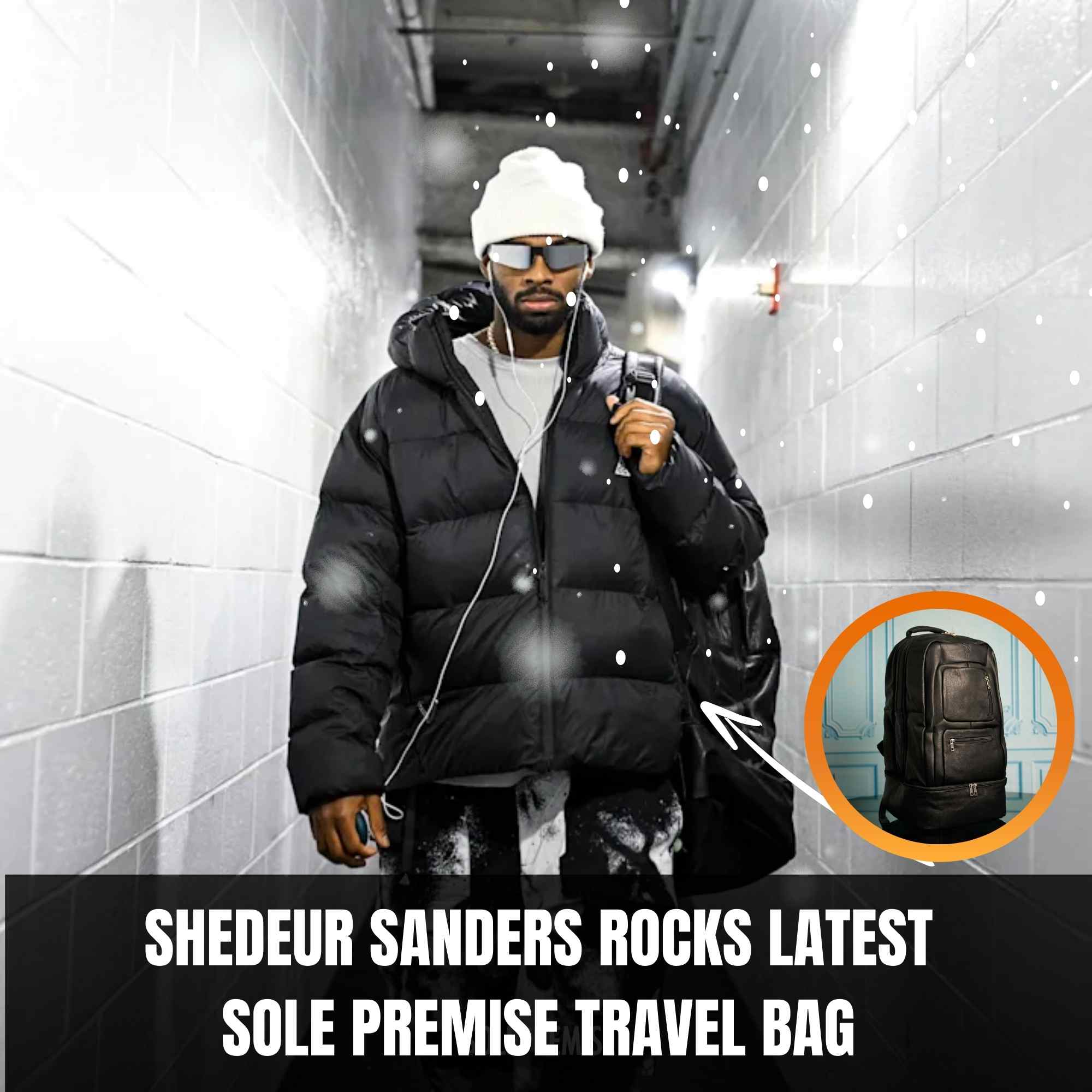 Person wearing a black puffer jacket and white beanie with a travel bag, standing in a tiled hallway.