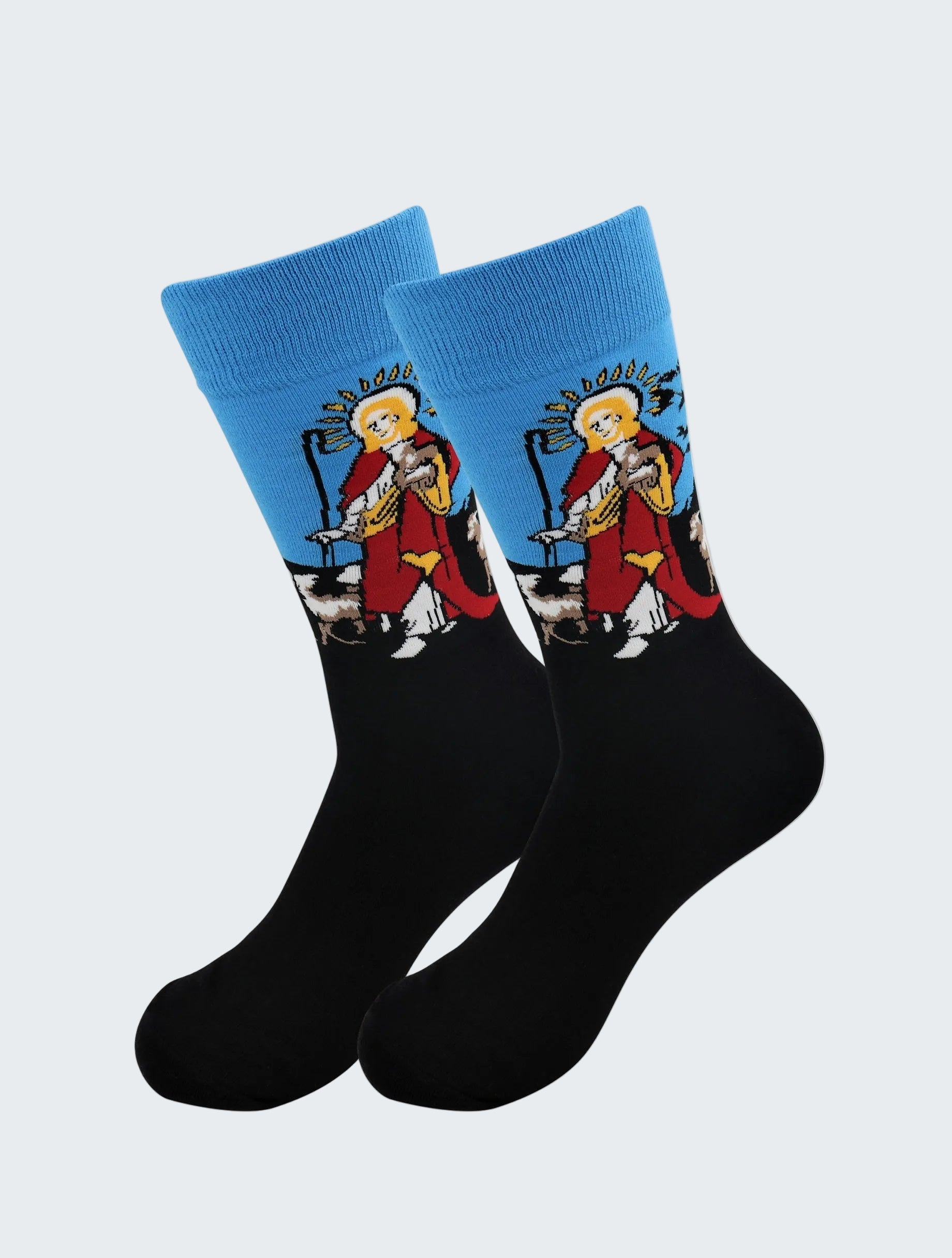 Black socks with blue tops featuring a tarot card design on a white background
