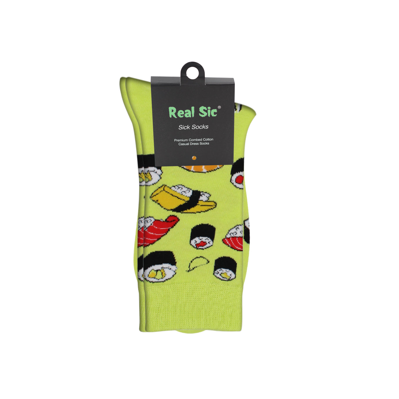 Packaged green socks with sushi design on a white background