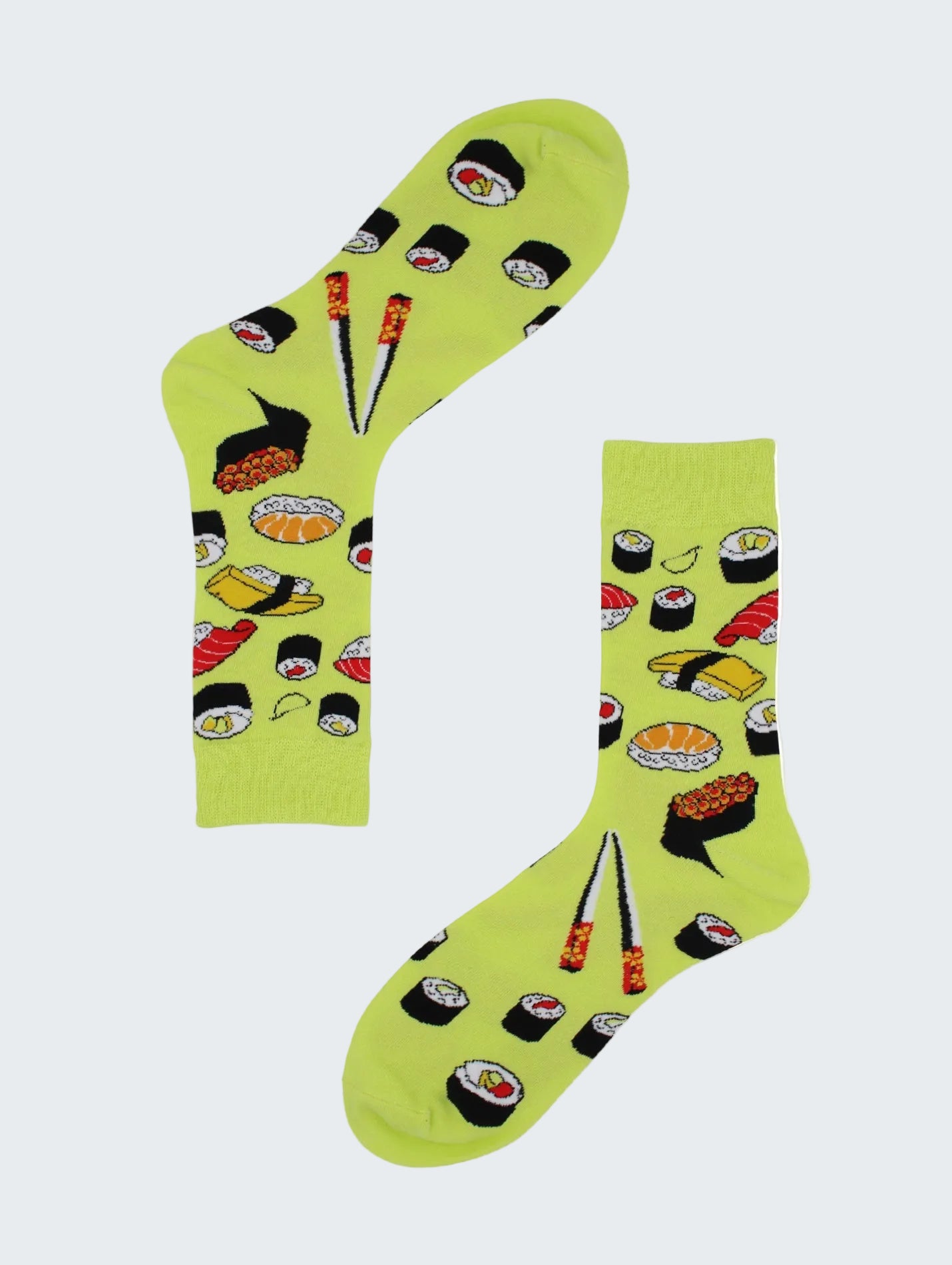 Socks with sushi design on a white background