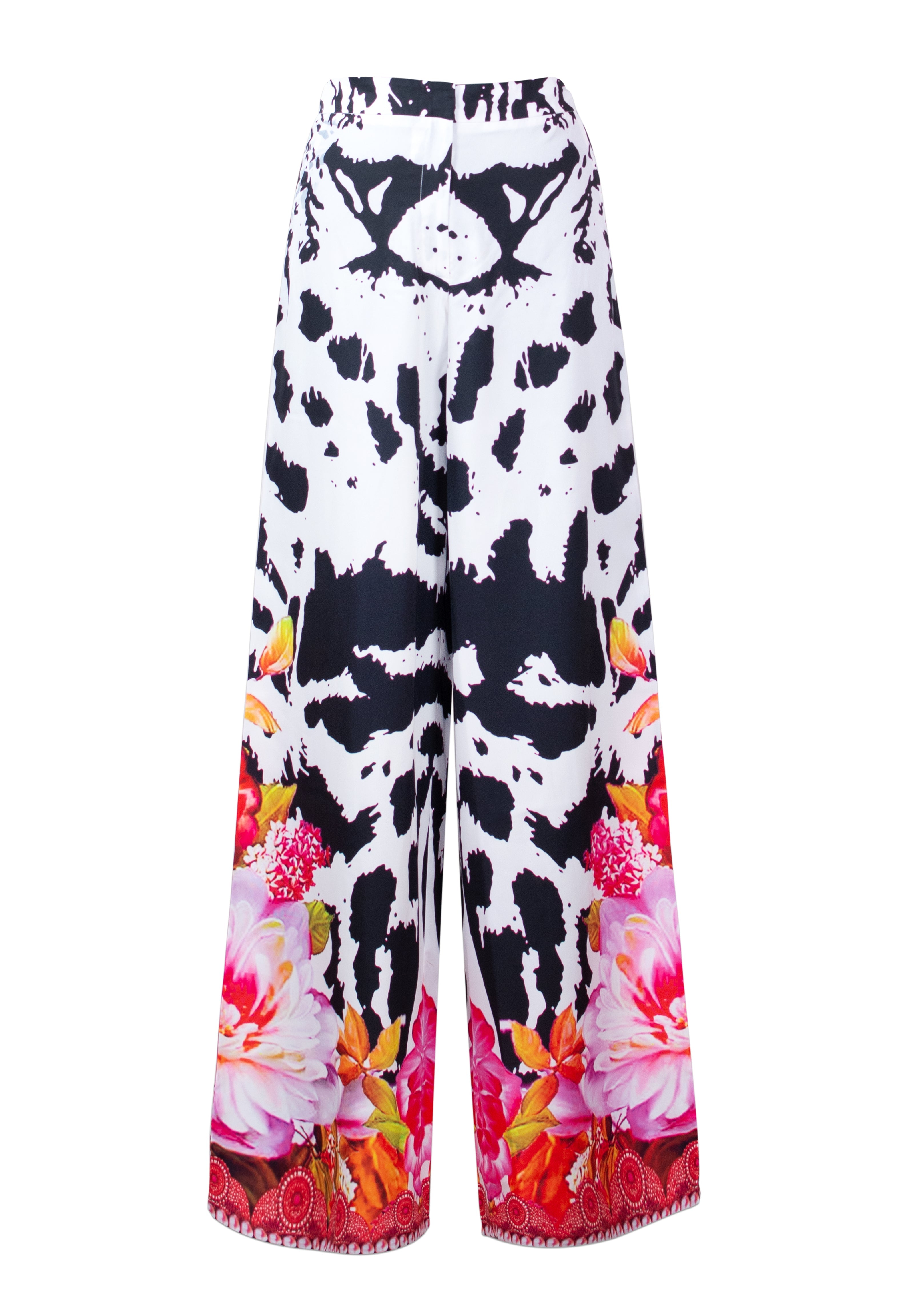 Wide-leg pants with black abstract pattern and colorful floral trim on a white background