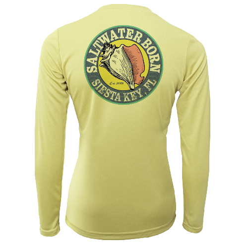 Yellow long-sleeve shirt with 'Saltwater Born' logo on the back against a white background