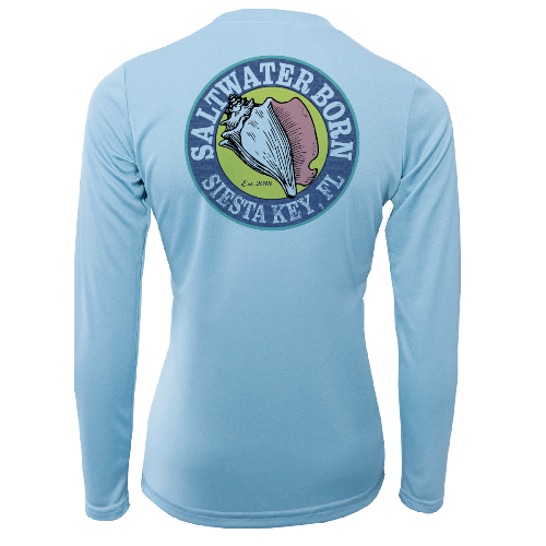 Light blue long-sleeve shirt with 'Saltwater Born' logo on the back against a white background