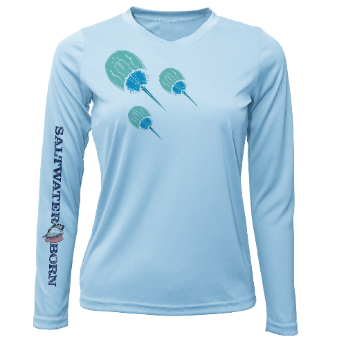 Light blue long-sleeve shirt with paddle design and 'Saltwater Born' text on a white background