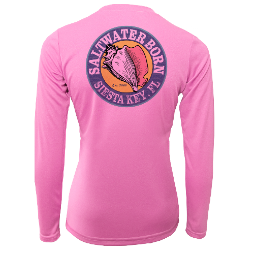 Pink long-sleeve shirt with 'Saltwater Born' logo on the back against a white background