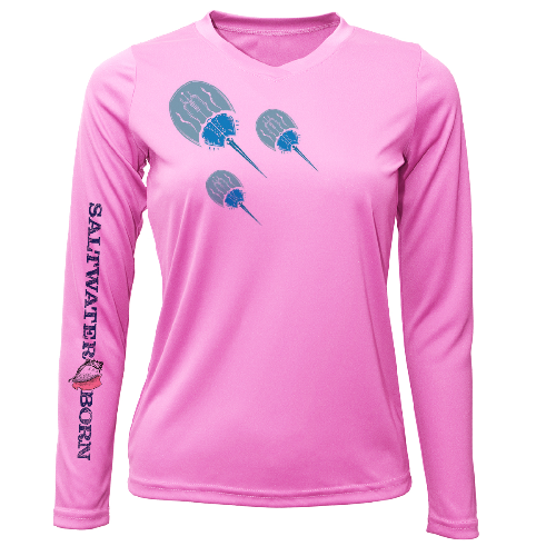 Pink long-sleeve shirt with graphic designs and 'Saltwater Born' text on a white background