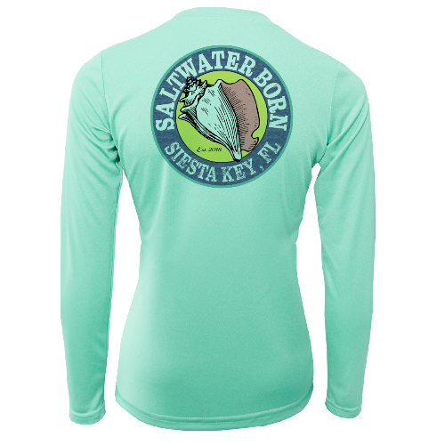 Mint green long-sleeve shirt with 'Saltwater Born' logo on the back against a white background