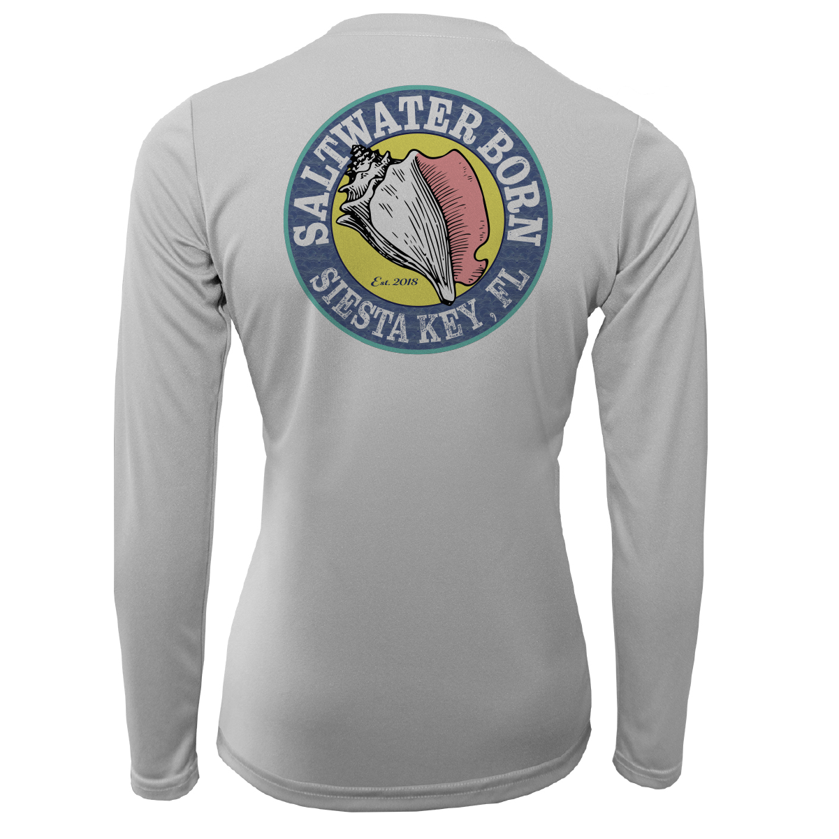 Gray long-sleeve shirt with 'Saltwater Born' logo on the back against a white background