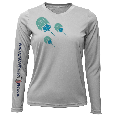 Gray long-sleeve shirt with graphic designs and text on a white background