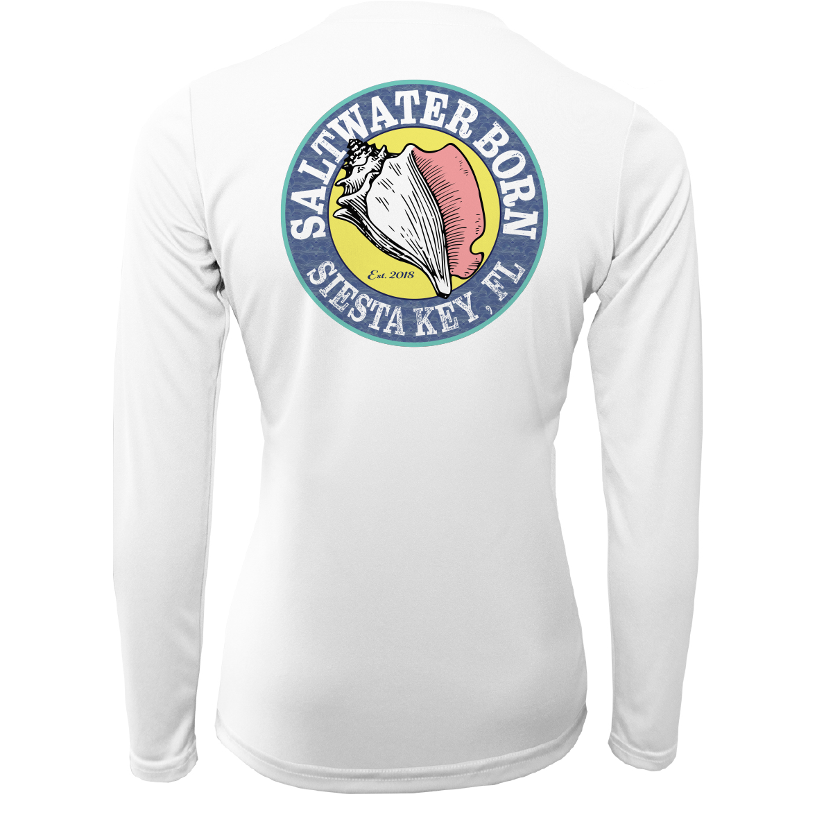 White long-sleeve shirt with 'Saltwater Born' logo on a white background