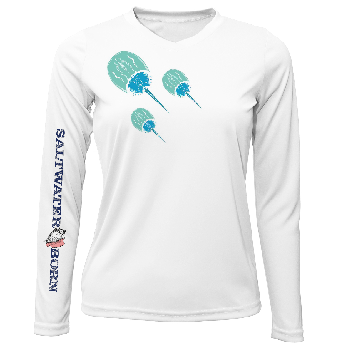 White long-sleeve shirt with paddle design and 'Saltwater Born' text on a white background