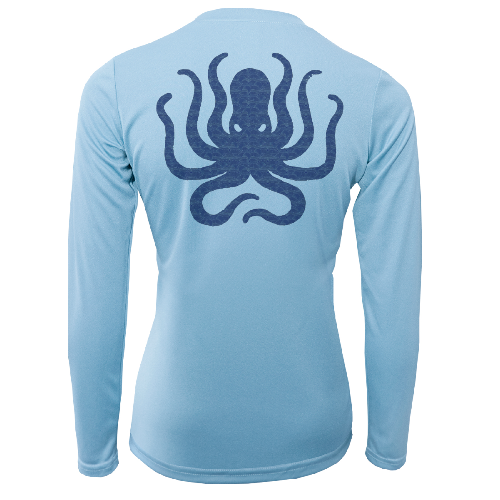 Light blue long-sleeve shirt with a dark blue octopus design on the back against a white background