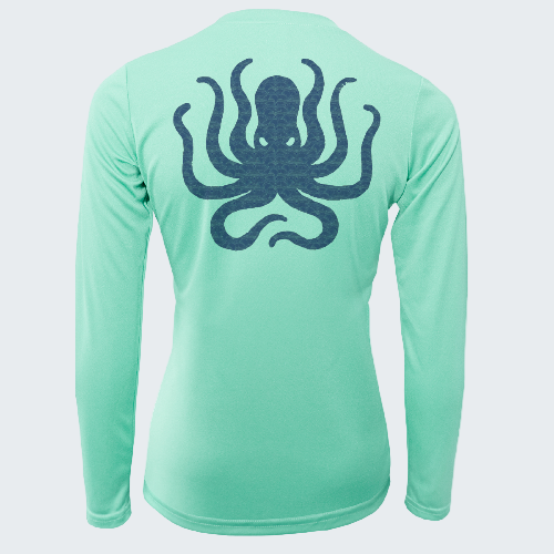 Mint green long-sleeve shirt with an octopus design on the back against a white background
