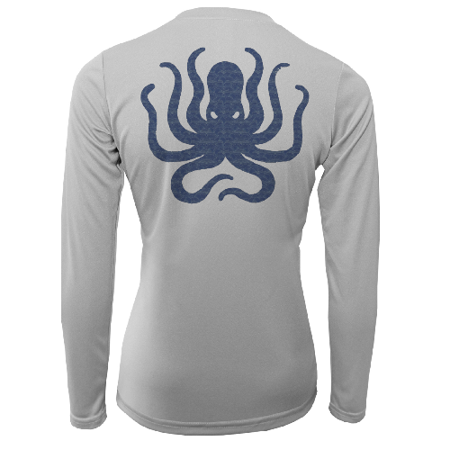 Gray long-sleeve shirt with a blue octopus design on the back against a white background
