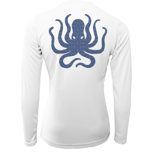 White long-sleeve shirt with a blue octopus design on a white background