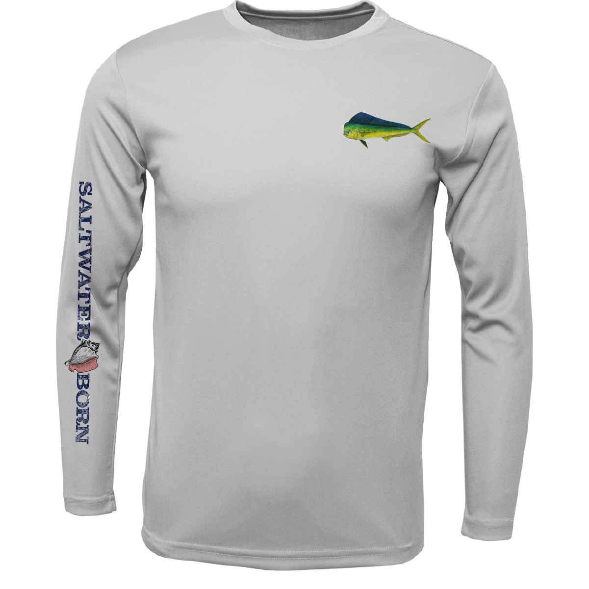 Gray long-sleeve shirt with fish design and 'Saltwater Born' text on a white background