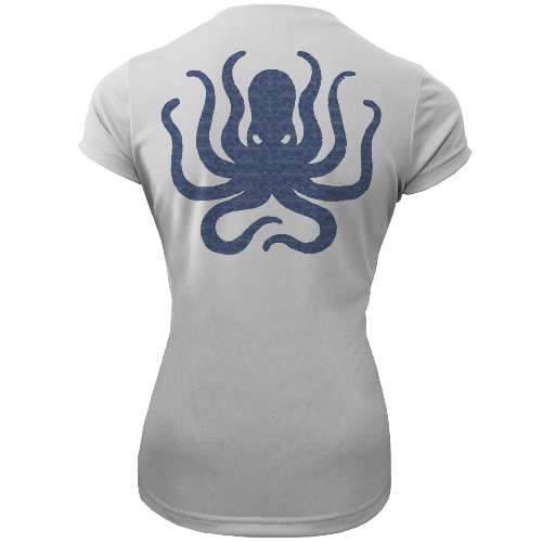 Gray t-shirt with a blue octopus design on the back against a white background