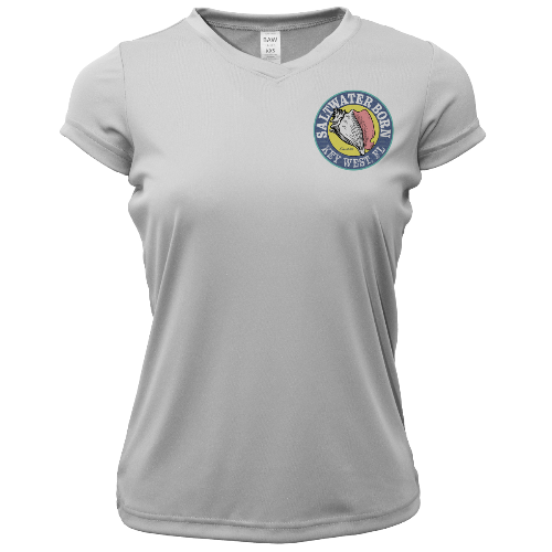 Gray t-shirt with a colorful logo on a white background
