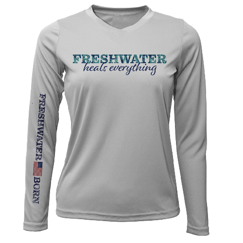 Gray long-sleeve shirt with 'Freshwater heals everything' text on a white background
