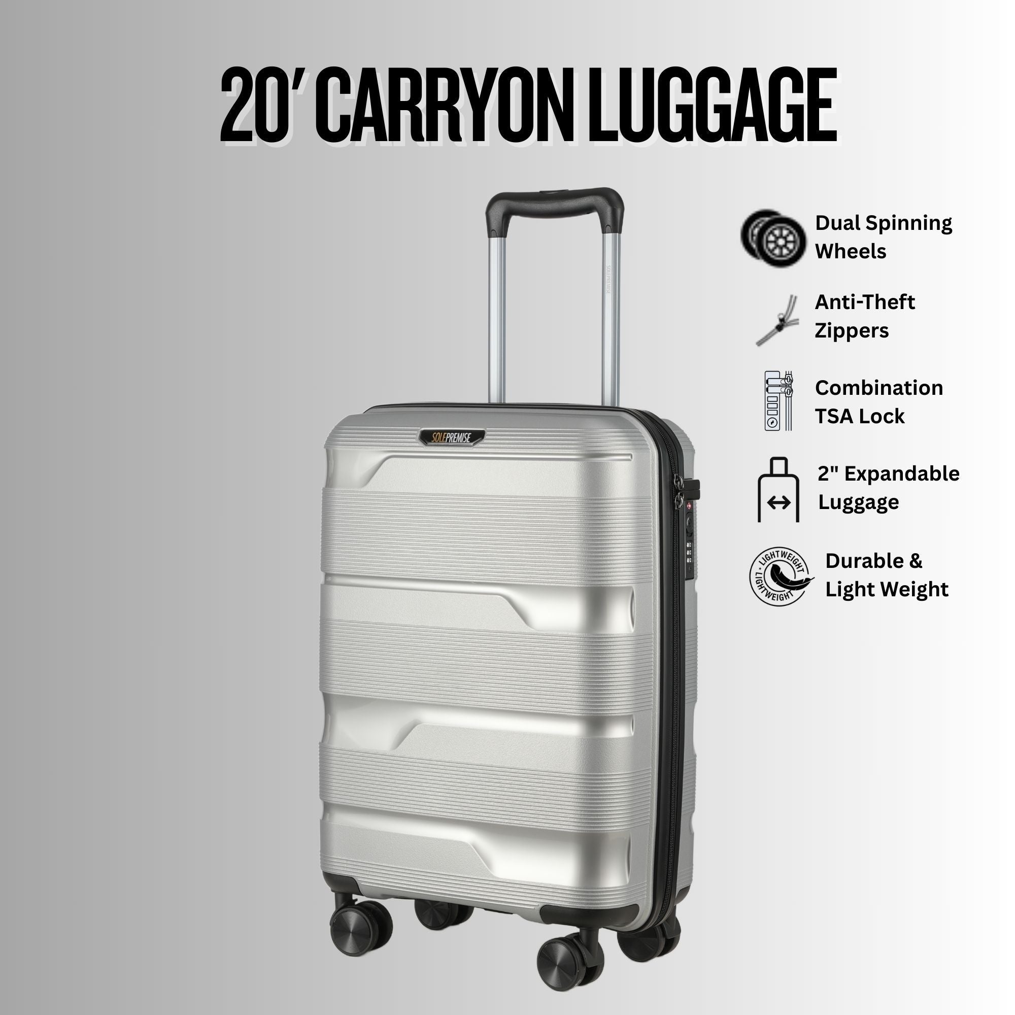 Silver luggage with features listed on a gray background