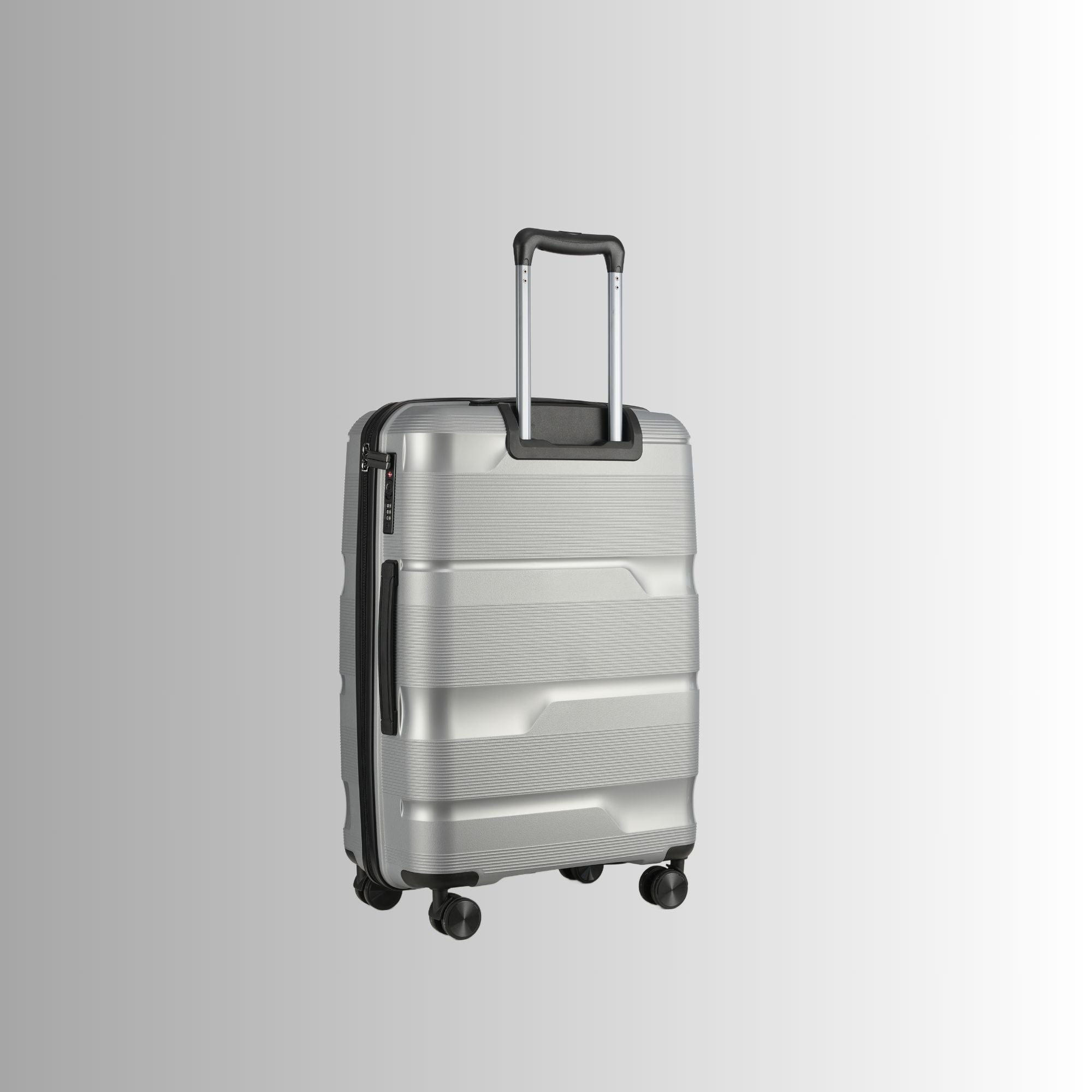 Silver suitcase with black accents on a light gray background