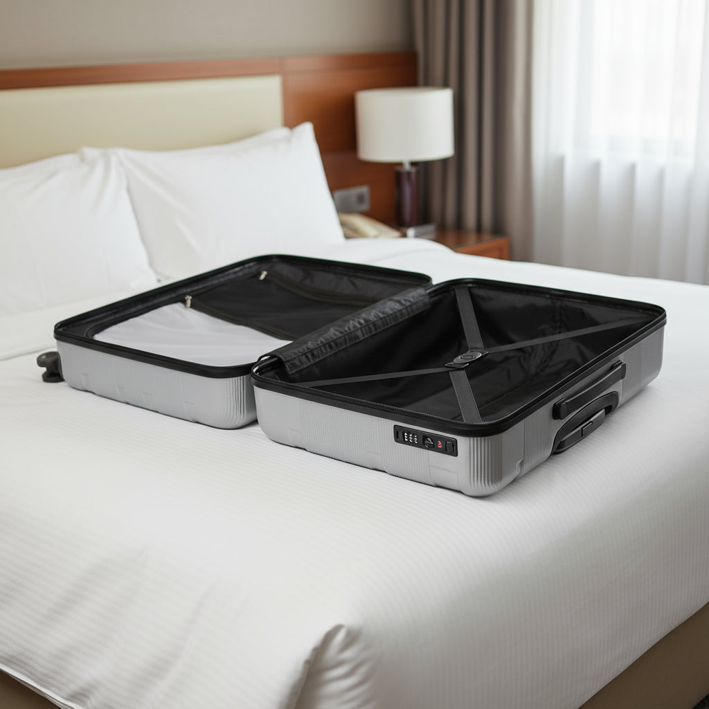 Open suitcase with black interior on a light gray background