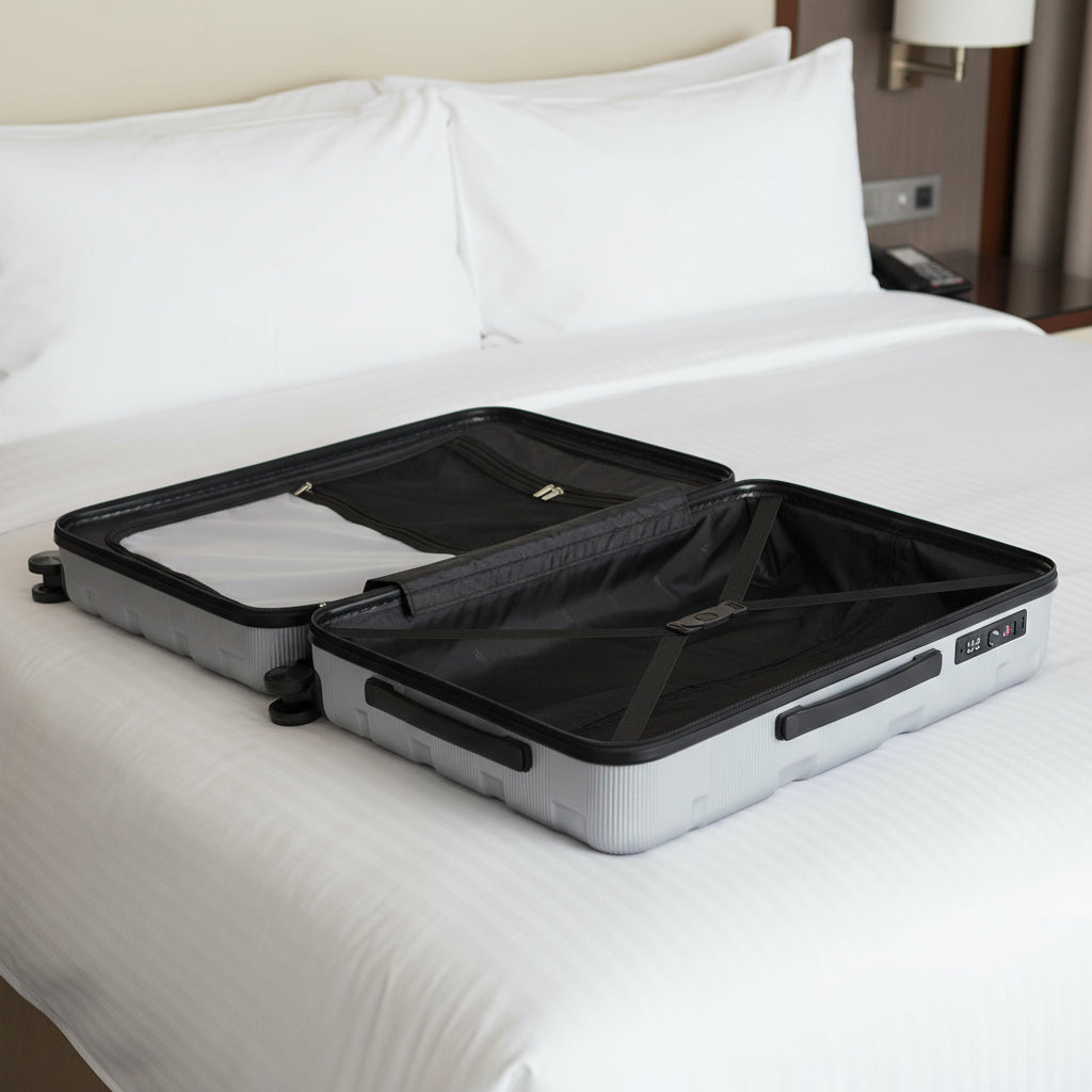 Open suitcase with black interior on a light gray background