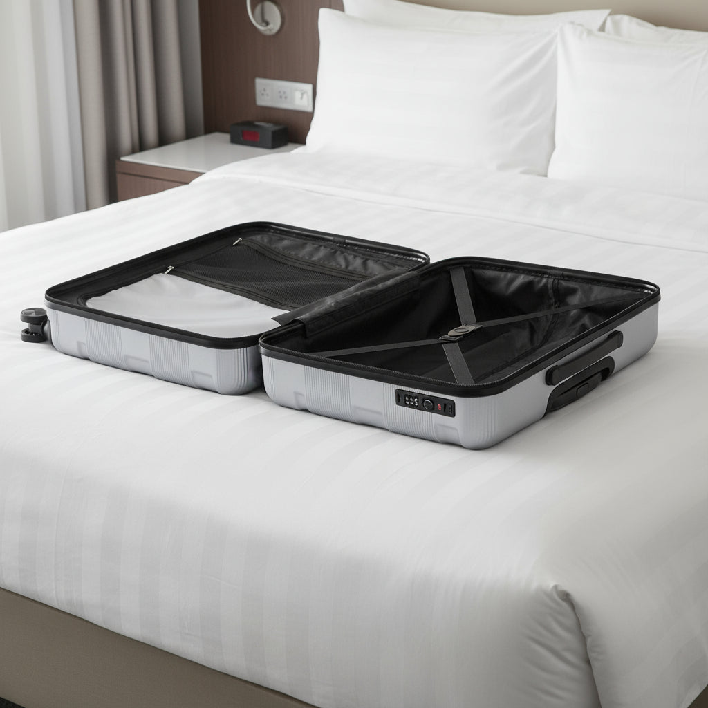 Open suitcase with black interior on a light gray background