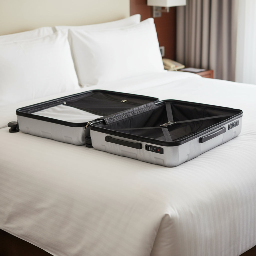 Open suitcase with black interior on a light gray background