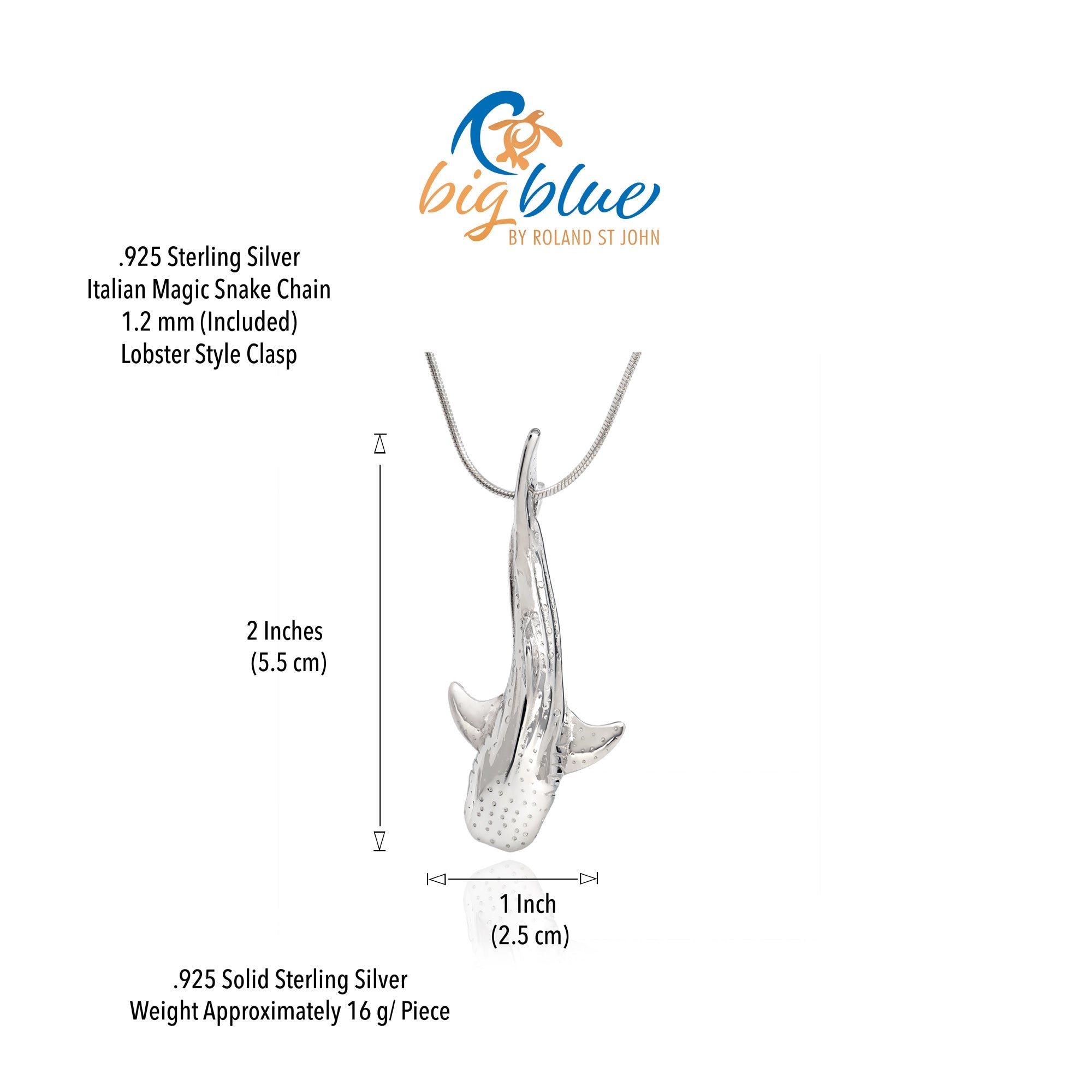 Silver shark pendant with chain on a white background, featuring Big Blue by Roland St. John branding.