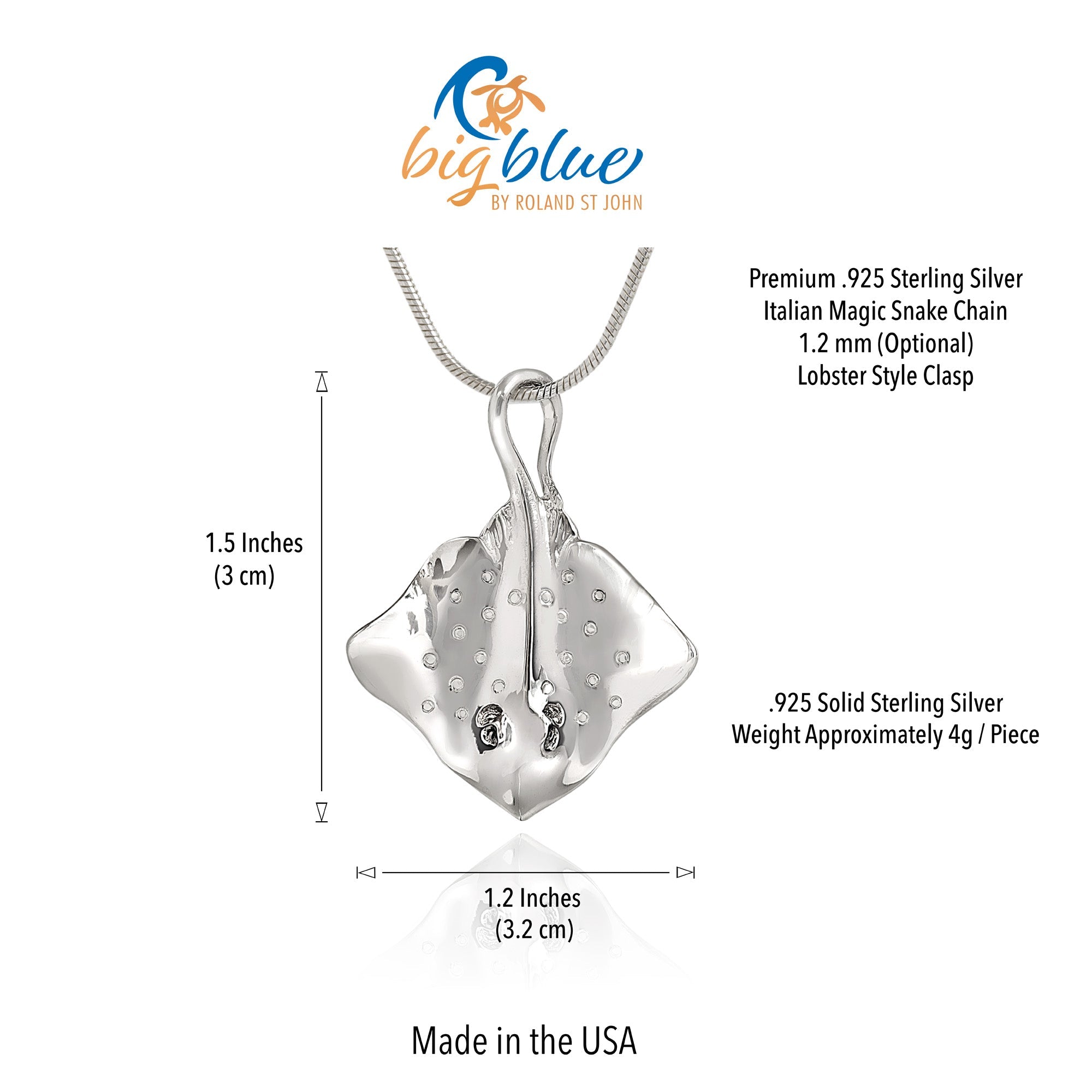 Silver pendant necklace with measurements and product details on a white background