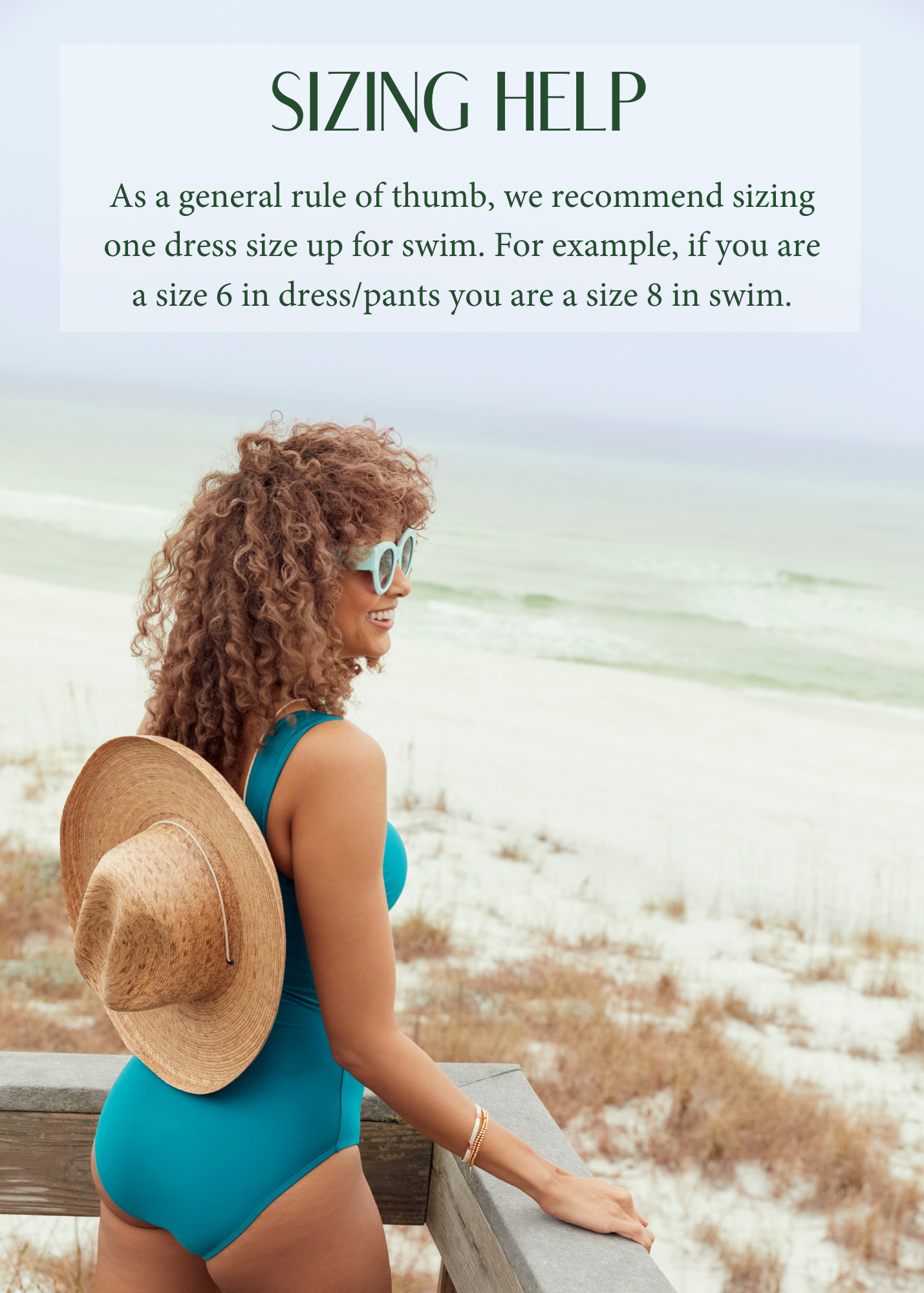 Woman in a blue swimsuit and straw hat on a beach with text about dress to swim size recommendations.