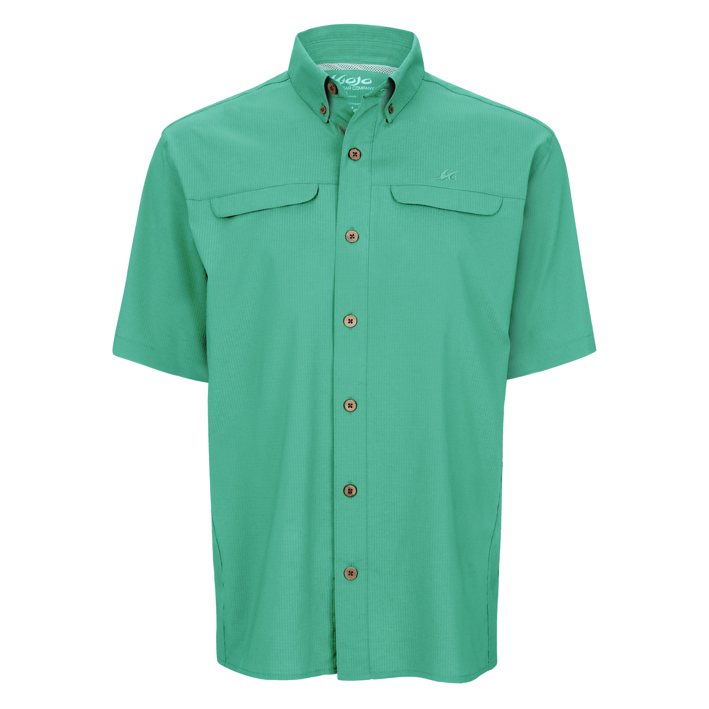 Green short-sleeve shirt with button details on a white background