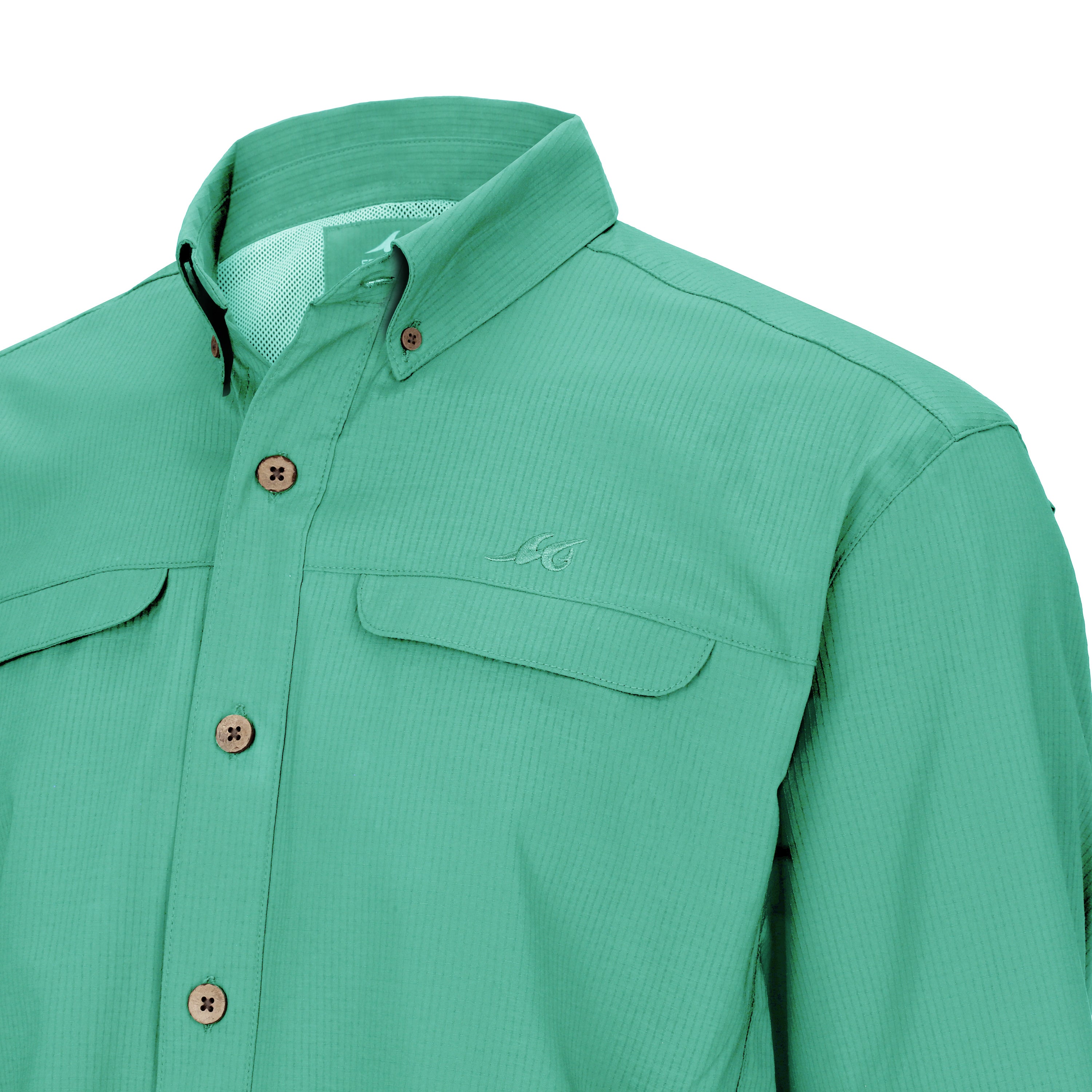 Green shirt with button details on a white background