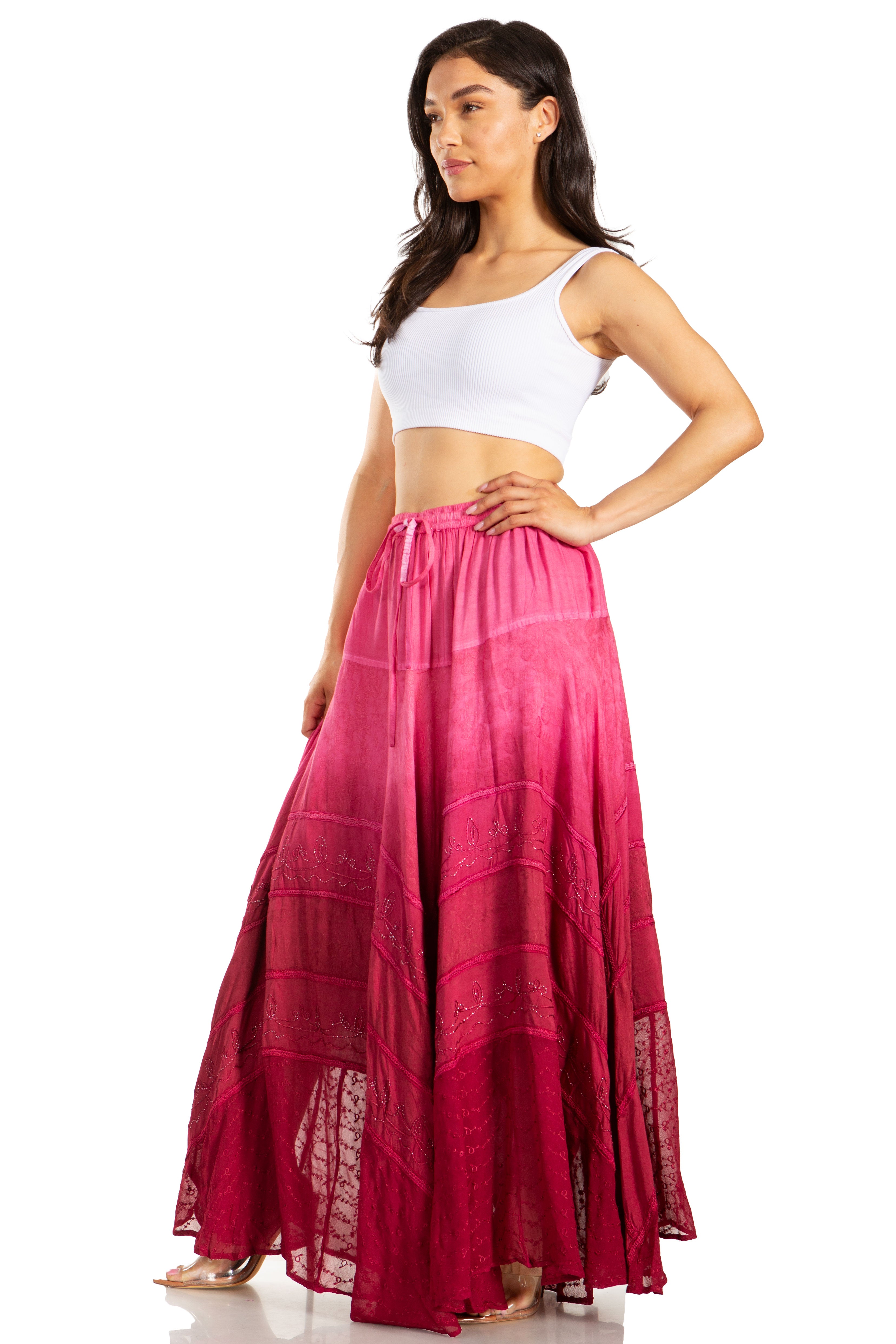 Sakkas - Lyra Bohemian Soft Brocade Rayon Tiered Embroidered Flowy Long Skirt
